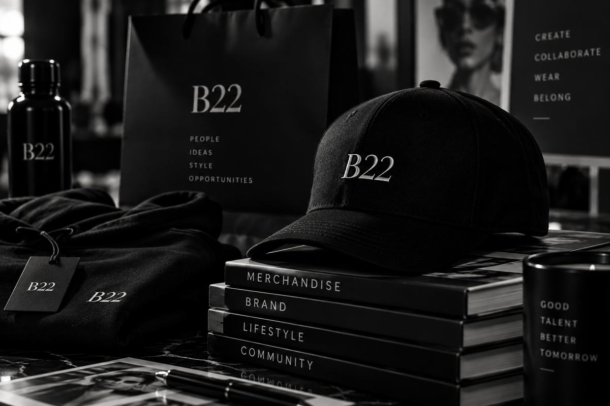 B22 studio merch collection with branded cap, hoodie, bottle and packaging